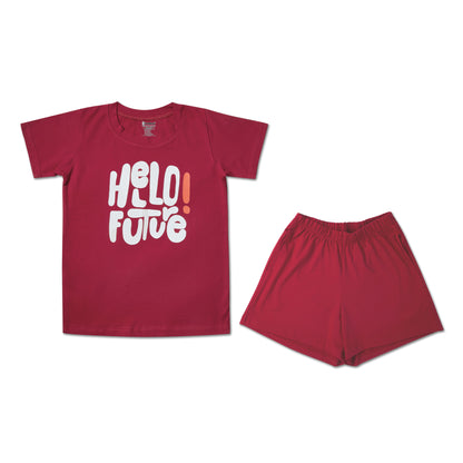 Futuristic maroon Unisex tee and shorts combo