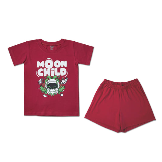 Moon-themed maroon Unisex set for fun days