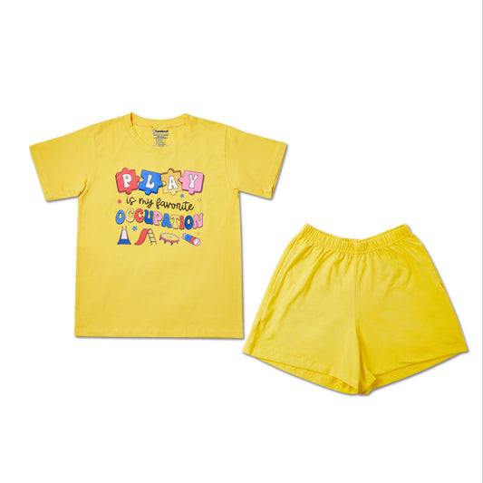 Playful yellow Unisex tshirt and shorts combo